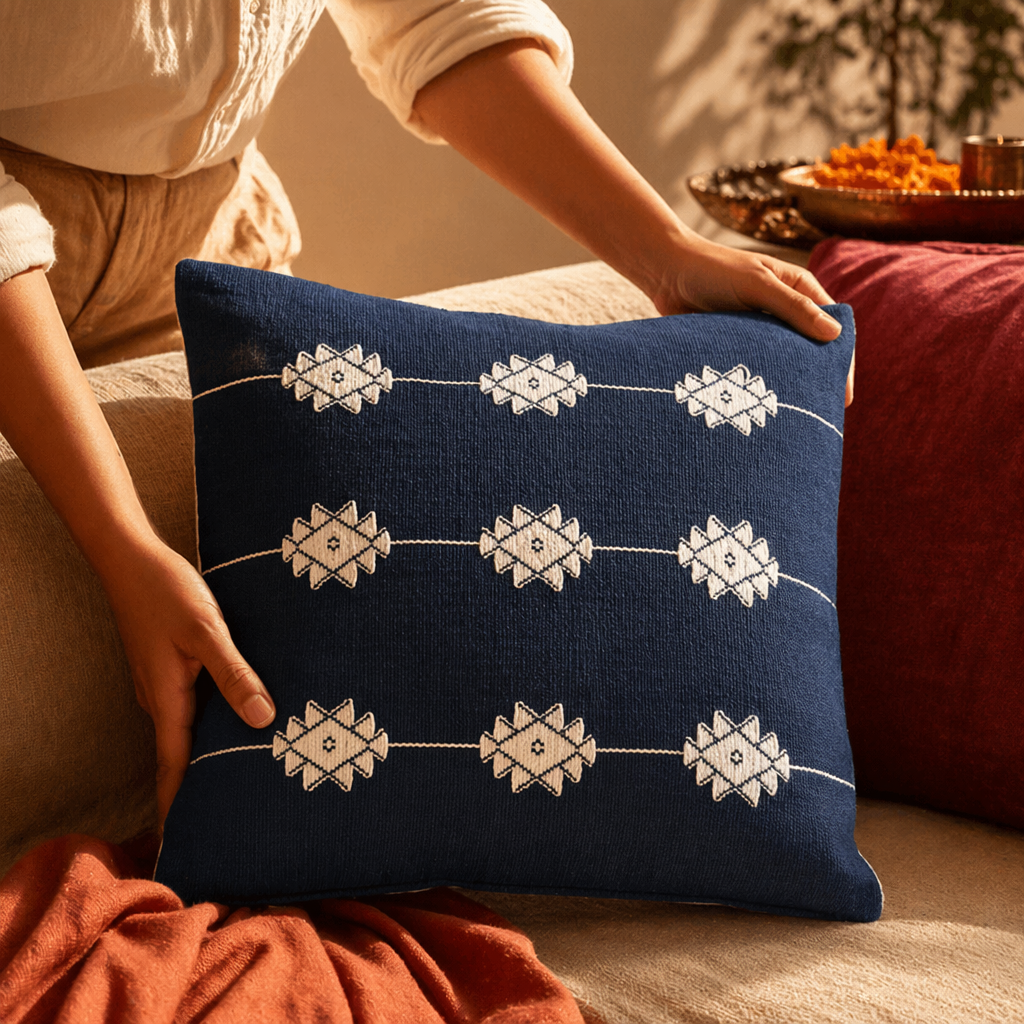 Naga White Flower Backstrap-Loom Woven Cotton Cushion Cover, The Living Room. Handmade in India by House of Taraasha.