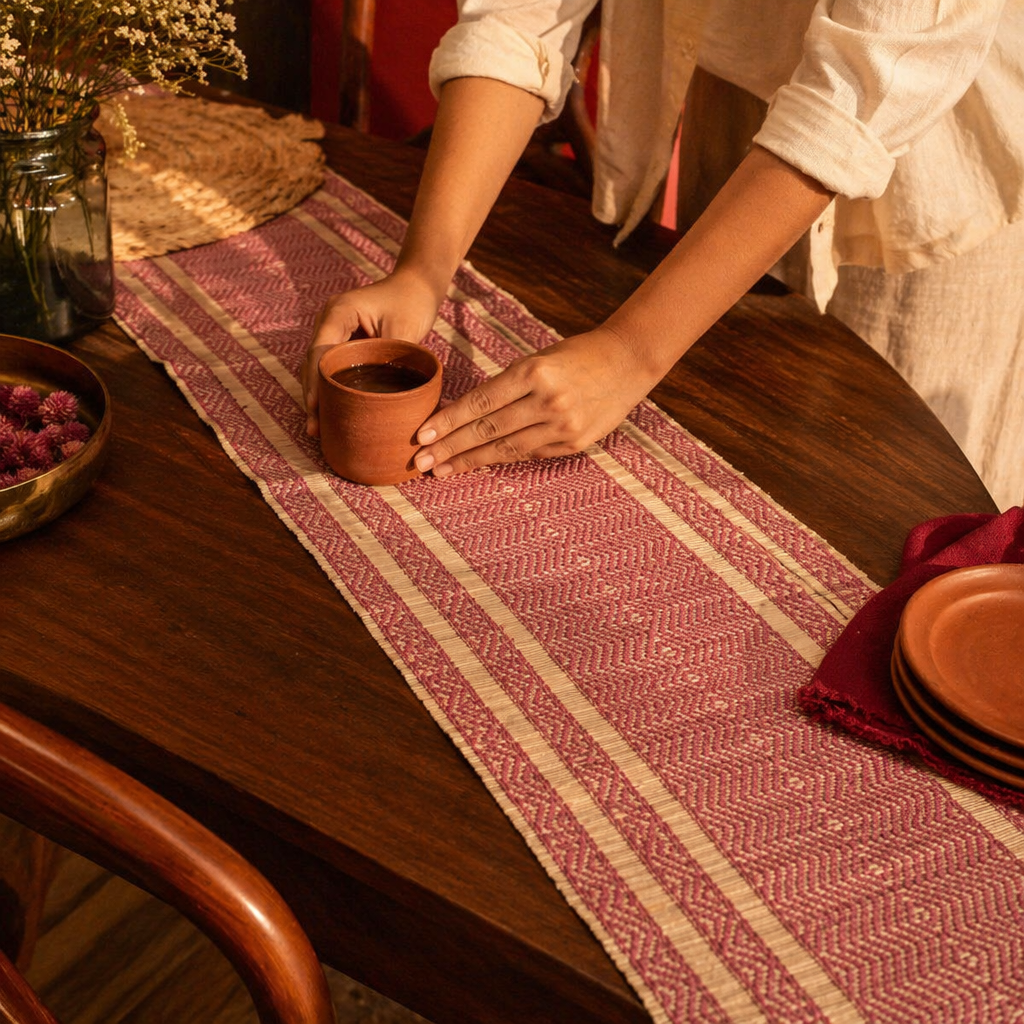Madur Grass Woven Runner Blush Pink and Beige, The Gathered Table. Handmade in India by House of Taraasha.
