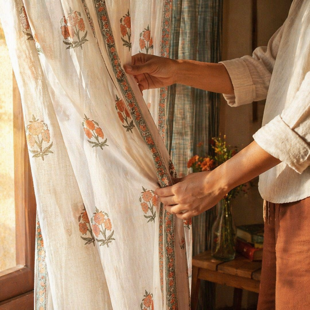 Royal Courtyards Green & Dusty Pink Woven-Sheer Set of Four, The Draped Window. Handmade in India by House of Taraasha.