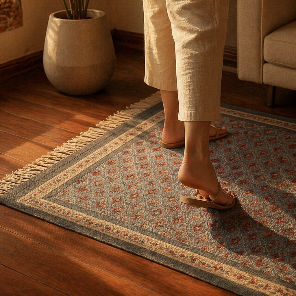 Blue and Dusty Pink Royal Courtyards Floral Rug, The Woven Floor. Handmade in India by House of Taraasha.