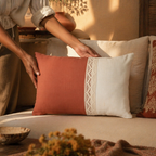Rust and Off-White Crochet Bolster Cushion Cover, The Living Room. Handmade in India by House of Taraasha.