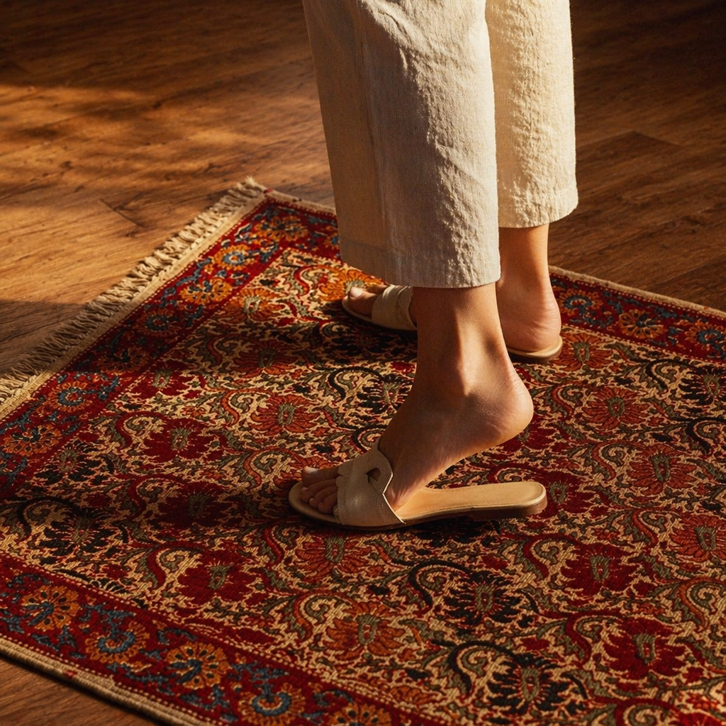 Kalamkari Earth Tones Floral Block-Printed Cotton Rug, The Woven Floor. Handmade in India by House of Taraasha.