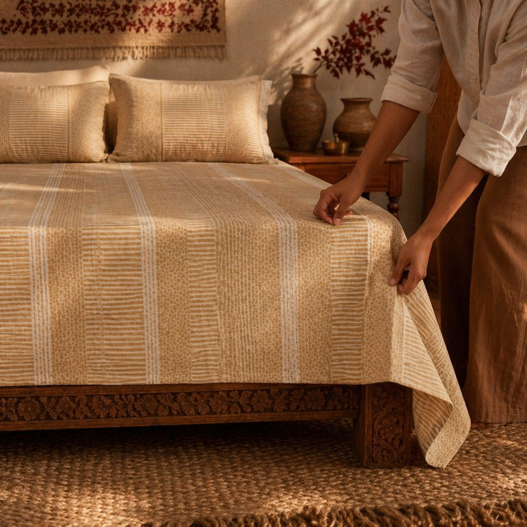 Beige & White Textured Hand-Printed Bedsheet, The Linen Room. Handmade in India by House of Taraasha.