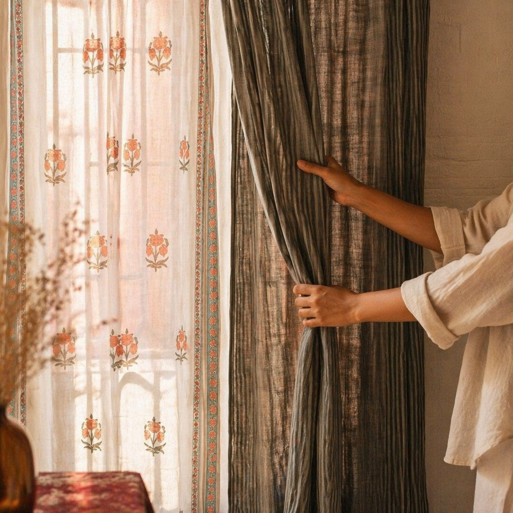 Royal Courtyards Green & Dusty Pink Woven-Sheer Set of Three, The Draped Window. Handmade in India by House of Taraasha.