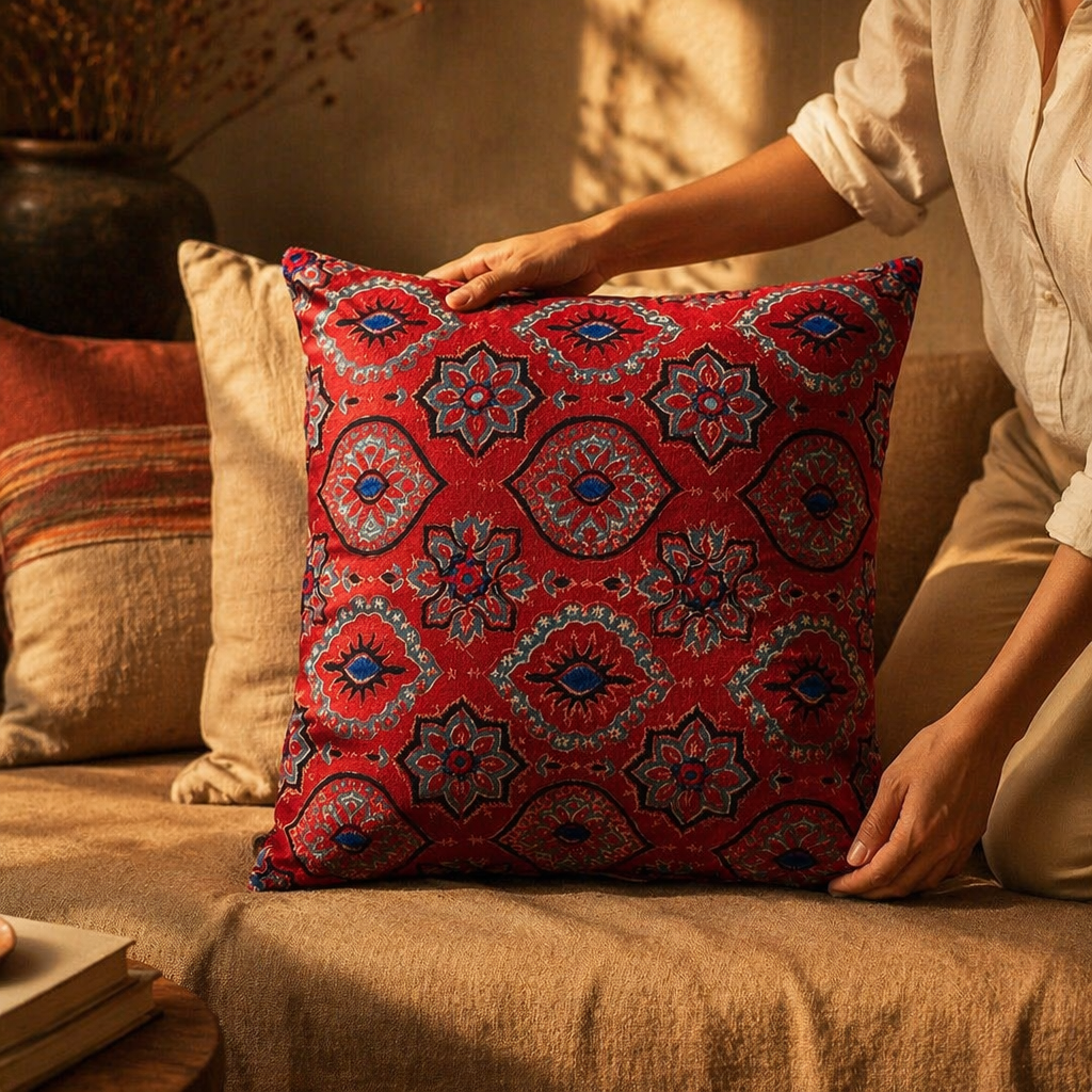 Ajrakh Brick Red Embroidered Cushion Cover, The Living Room. Handmade in India by House of Taraasha.