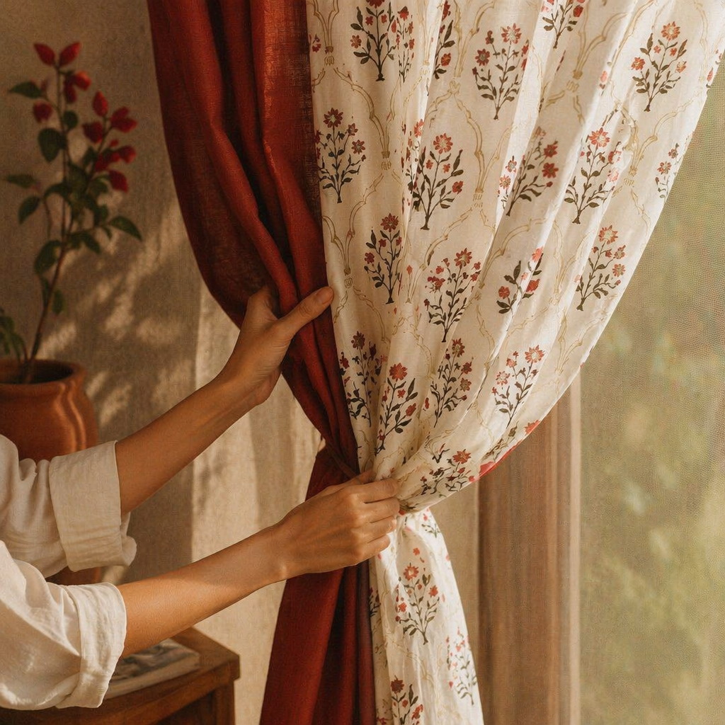 Royal Courtyards Rust & Maroon Woven-Printed Set of Three, The Draped Window. Handmade in India by House of Taraasha.