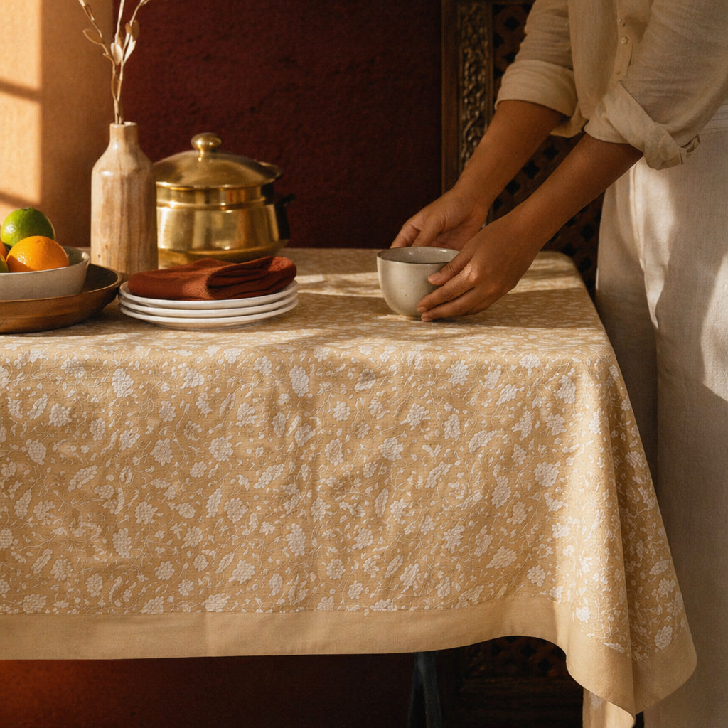 Floral Cotton Hand-Printed 6-Seater Tablecloth, The Gathered Table. Handmade in India by House of Taraasha.