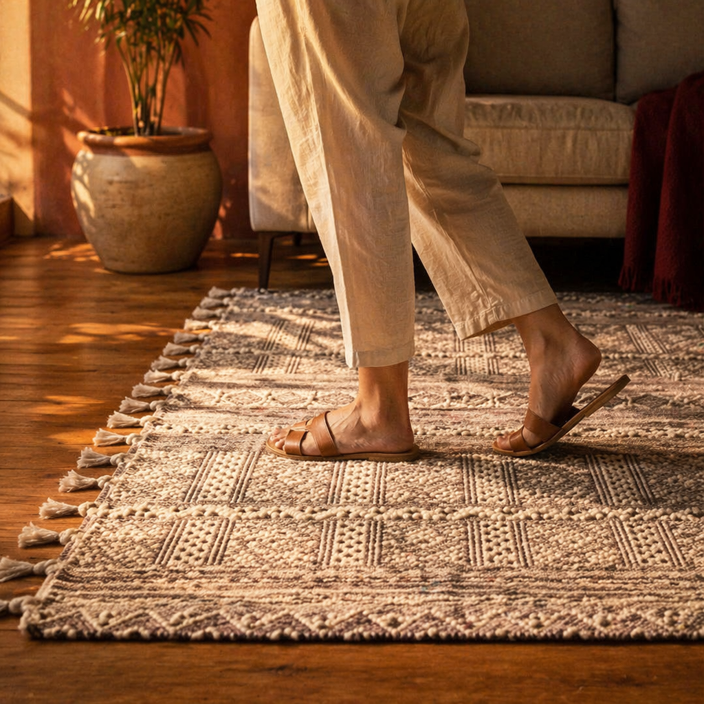 Monochrome Hand Block-Printed Black and White Floor Rug, The Woven Floor. Handmade in India by House of Taraasha.