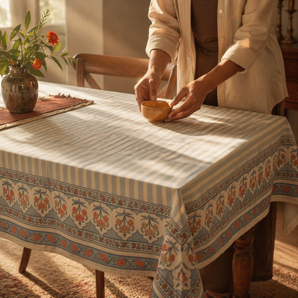 Royal Courtyards Table Cloth Blue and Dusty Pink, The Gathered Table. Handmade in India by House of Taraasha.