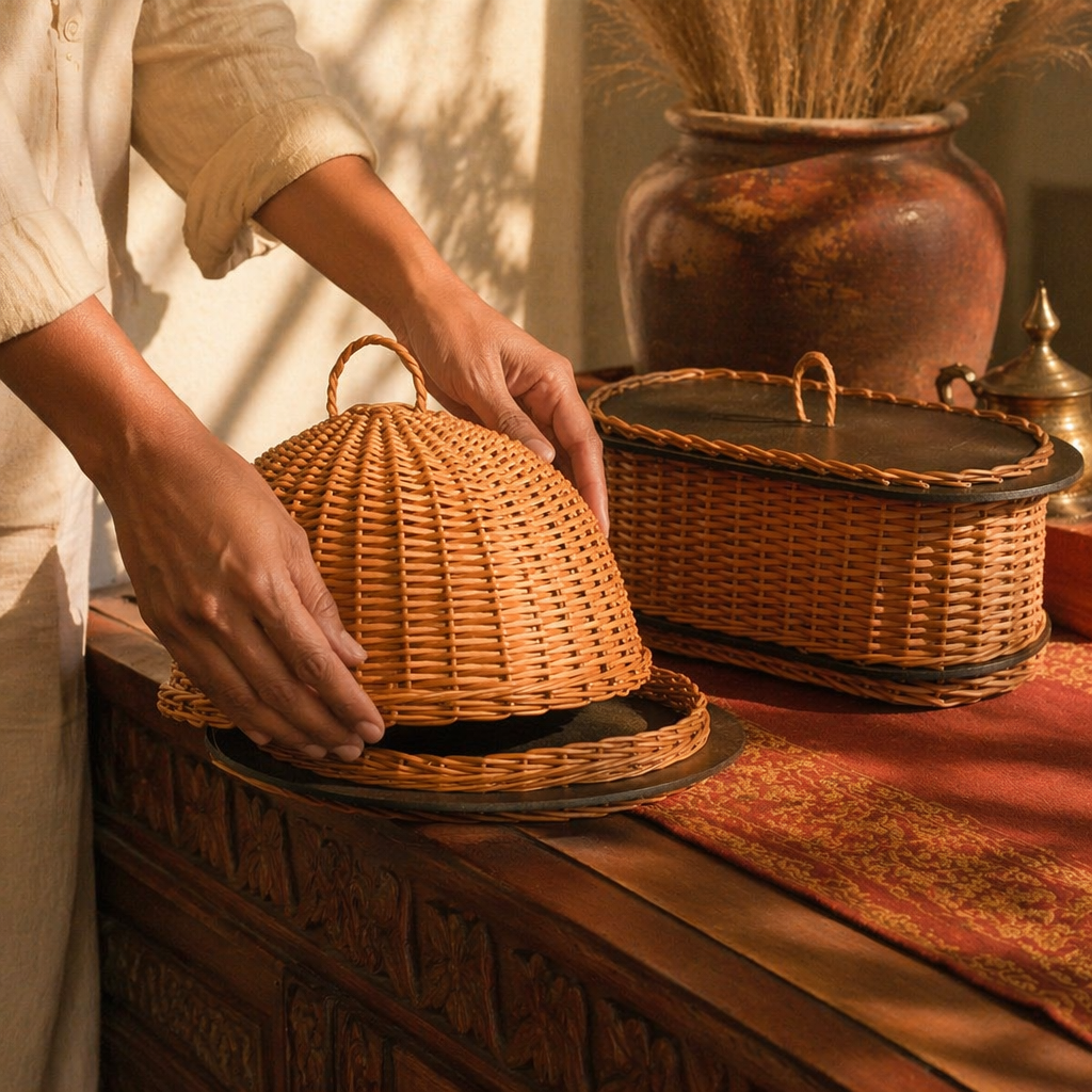 Kashmiri Willow Wicker Cloche & Bread Box, The Wicker House. Handmade in India by House of Taraasha.