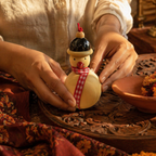 Channapatna Lacquered Snowman Ornaments Natural Dye Pair, Still Light. Handmade in India by House of Taraasha.