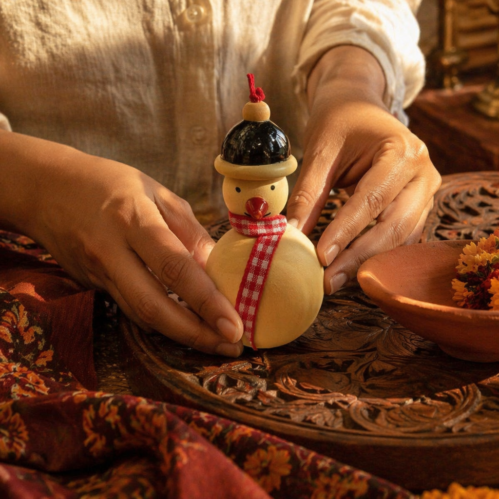 Channapatna Lacquered Snowman Ornaments Natural Dye Pair, Still Light. Handmade in India by House of Taraasha.