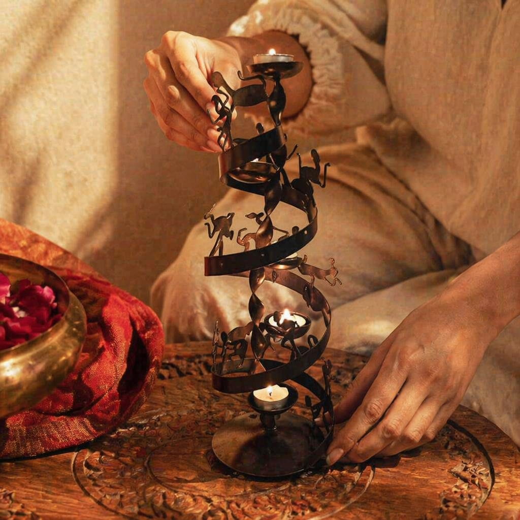 Bastar Wrought Iron Spiral Tealight Holder, Still Light. Handmade in India by House of Taraasha.