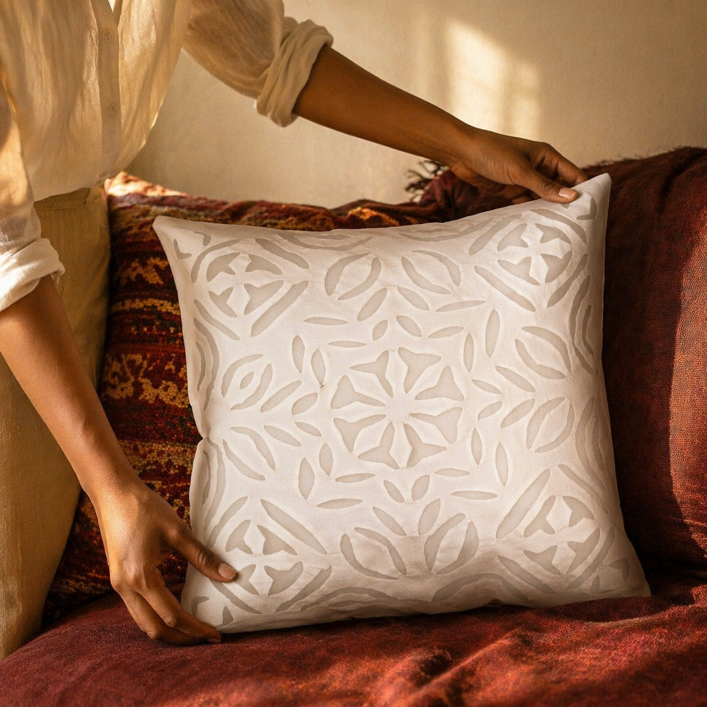 Gudri Cutwork Off-White Cotton Cushion Cover, The Living Room. Handmade in India by House of Taraasha.