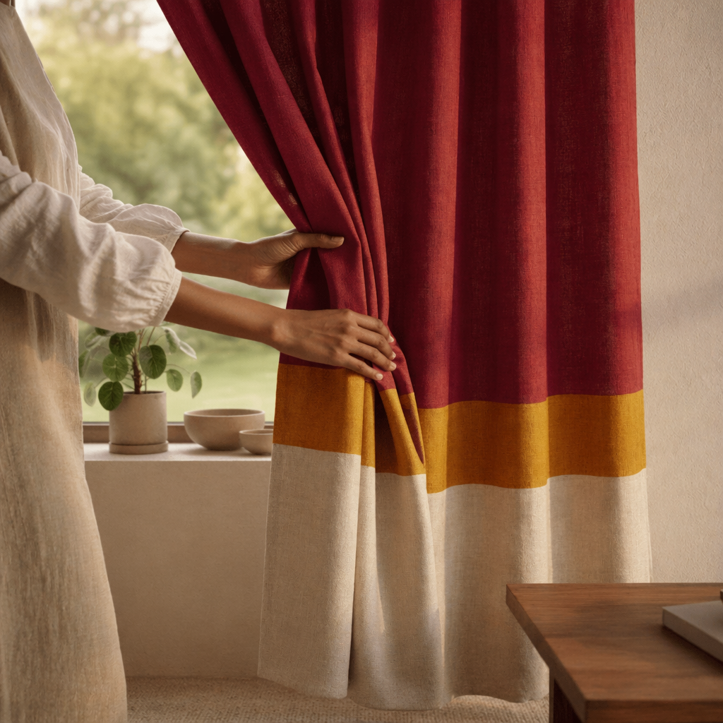 Reversible Maroon and Off-White Door Curtain, The Draped Window. Handmade in India by House of Taraasha.