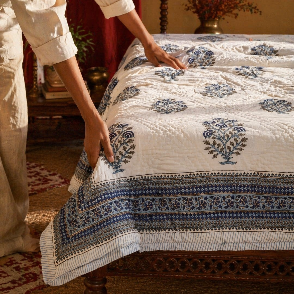 Blue Mist Reversible Jaipuri Razai, The Linen Room. Handmade in India by House of Taraasha.