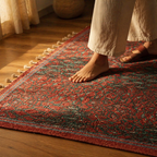 Maroon, Navy and Green Chintz Floral Block-Printed Cotton Rug, The Woven Floor. Handmade in India by House of Taraasha.