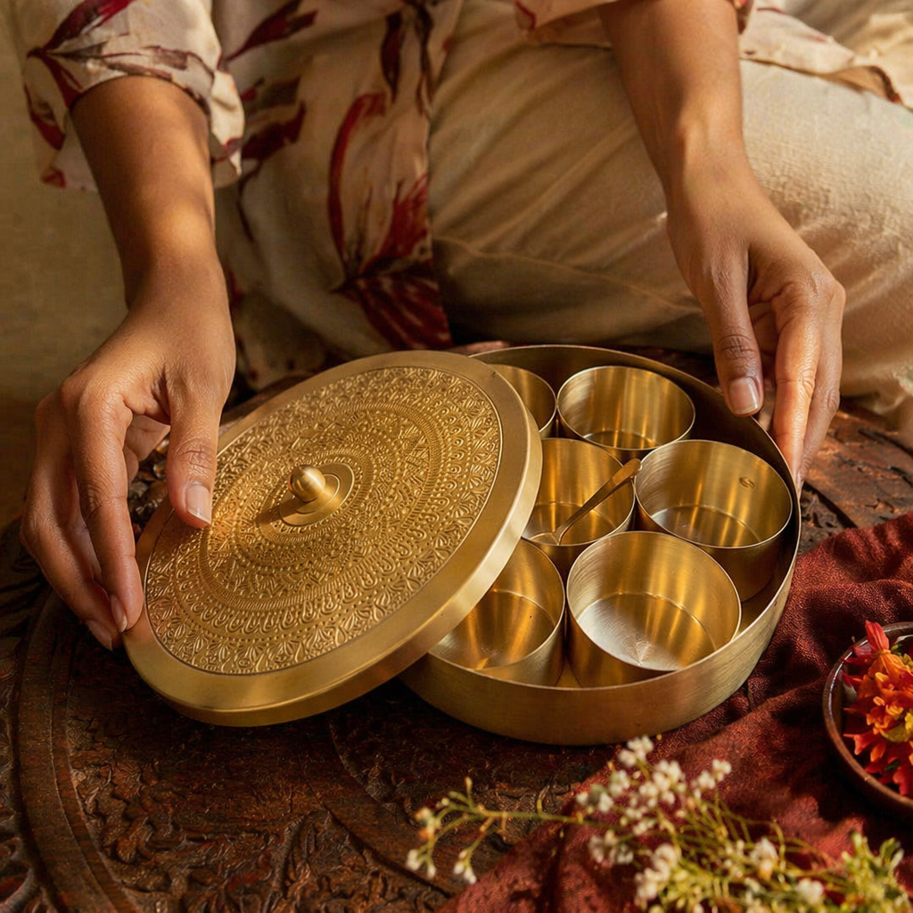 Moradabad Traditional Pure Brass Masala Dabba, The Brass Atelier. Handmade in India by House of Taraasha.