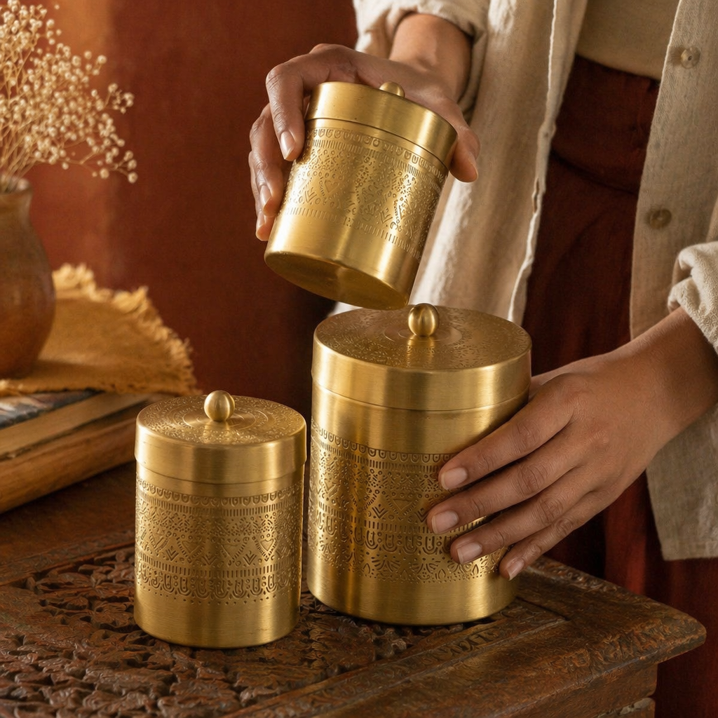 Moradabad Floral-Etched Brass Dabba Set of Three, The Brass Atelier. Handmade in India by House of Taraasha.