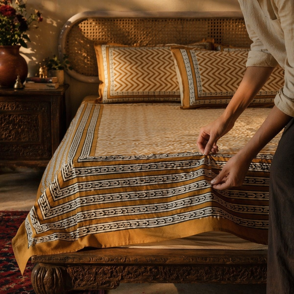 Mustard & Black Bagru Chevron Bedsheet, The Linen Room. Handmade in India by House of Taraasha.