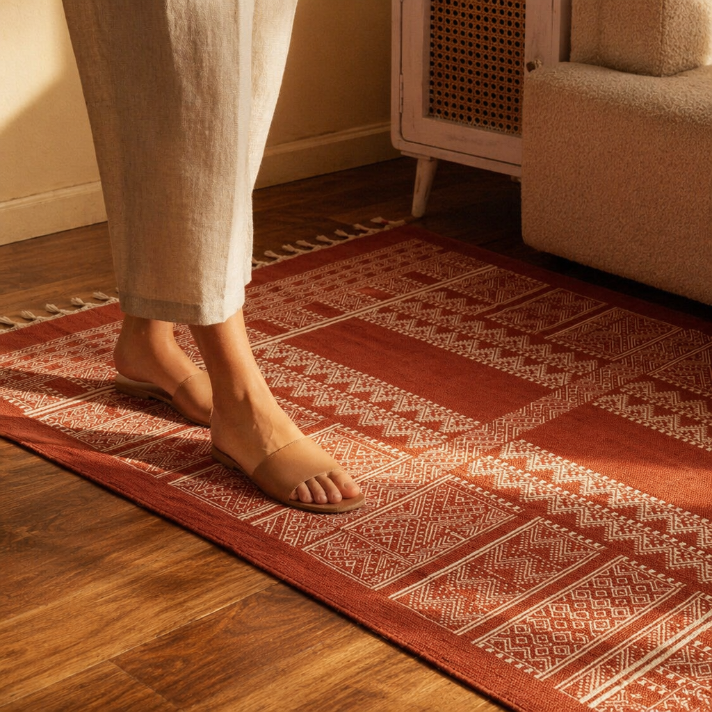 Mandana Rust Hand-Printed Tribal Pattern Cotton Rug, The Woven Floor. Handmade in India by House of Taraasha.