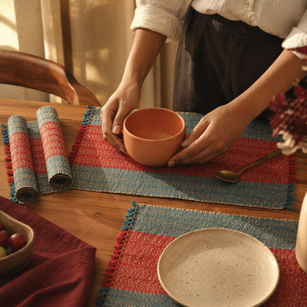 Crystal Teal & Red Madur Grass Table Mat, The Gathered Table. Handmade in India by House of Taraasha.