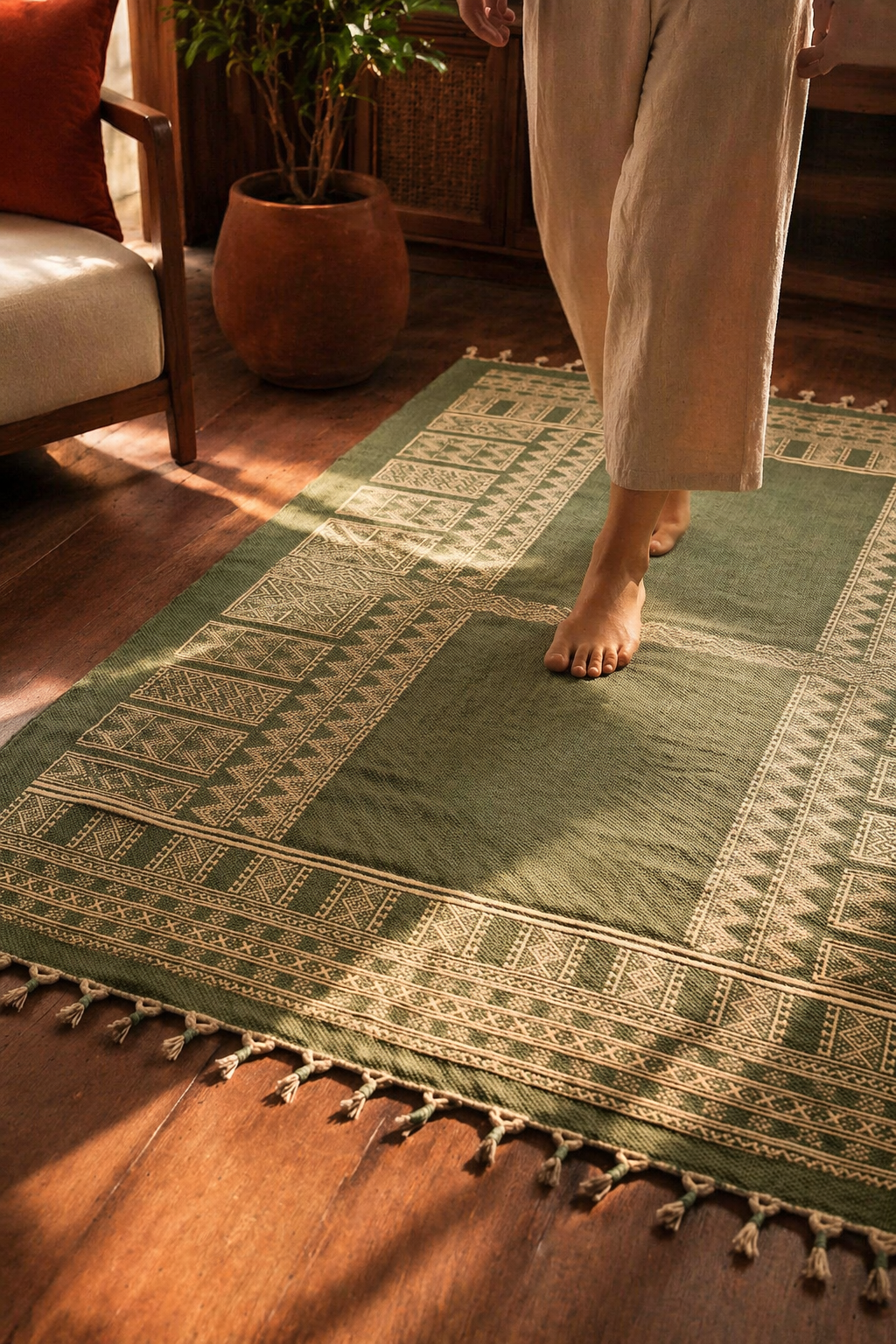 Jaipuri Olive Hand Block-Printed Cotton Dhurrie, The Woven Floor. Handmade in India by House of Taraasha.