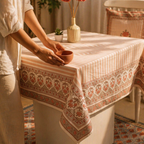 Royal Courtyards Table Cloth Dusty Pink and Off-White, The Gathered Table. Handmade in India by House of Taraasha.