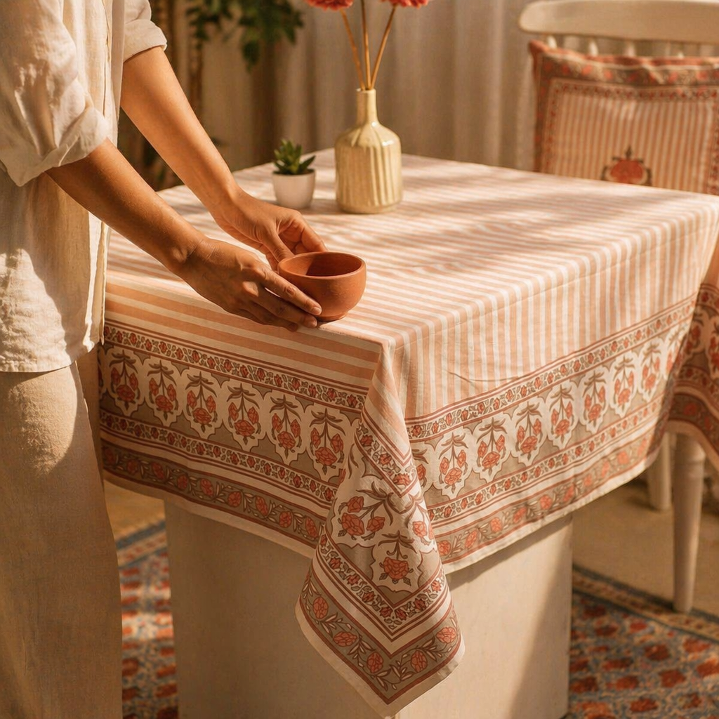 Royal Courtyards Table Cloth Dusty Pink and Off-White, The Gathered Table. Handmade in India by House of Taraasha.