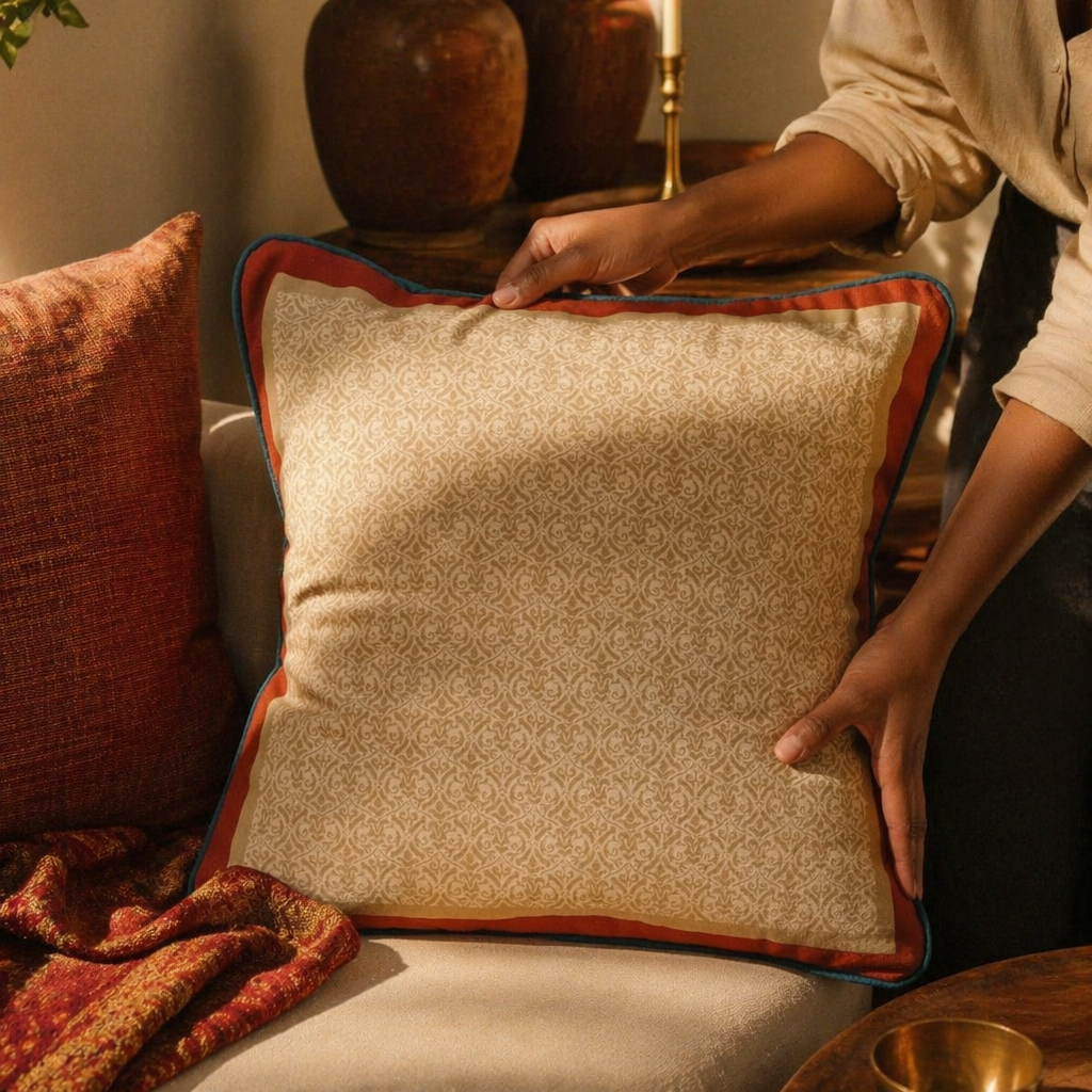 Chintz Ivory, Maroon and Navy Blue Cushion Cover, The Living Room. Handmade in India by House of Taraasha.