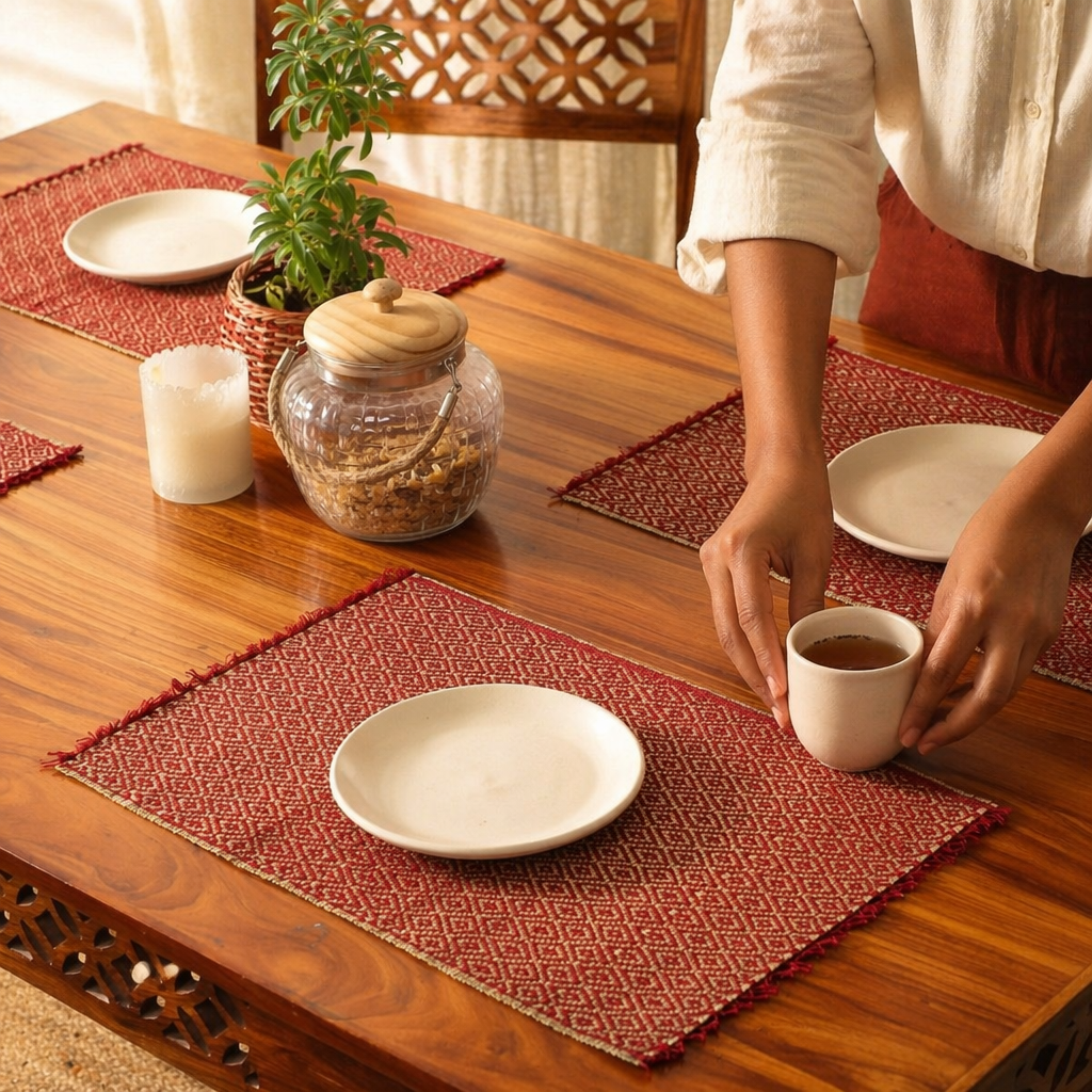 Madur Grass Woven Table Mats Maroon, The Gathered Table. Handmade in India by House of Taraasha.