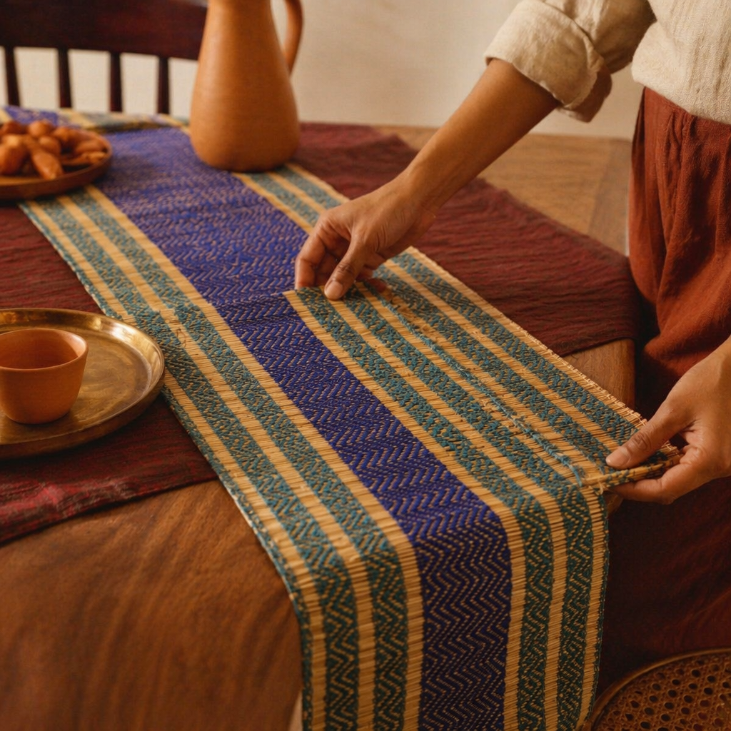 Madur Grass Woven Runner Teal and Cobalt Blue, The Gathered Table. Handmade in India by House of Taraasha.