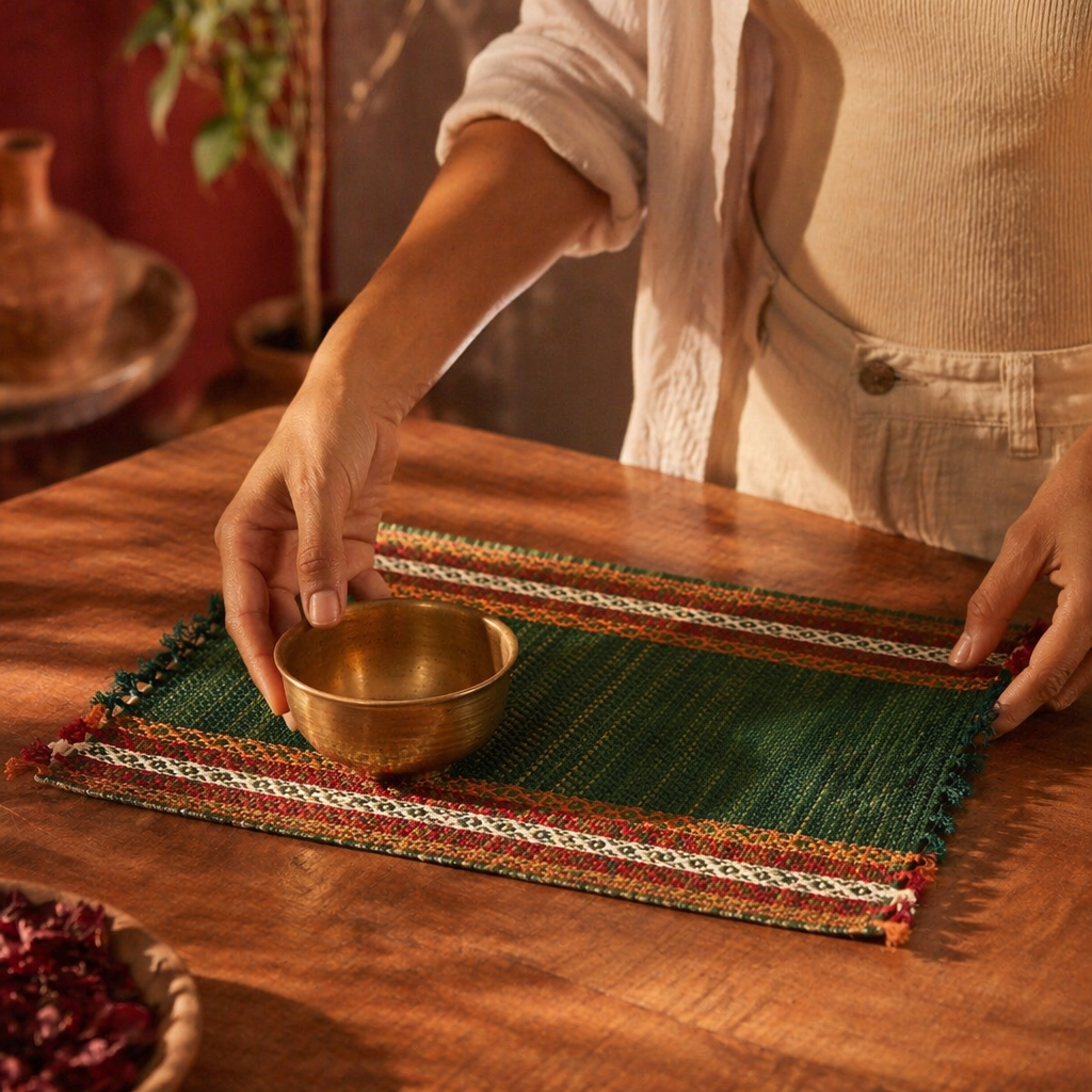 Forest Green Handwoven Grass Table Mat, The Gathered Table. Handmade in India by House of Taraasha.
