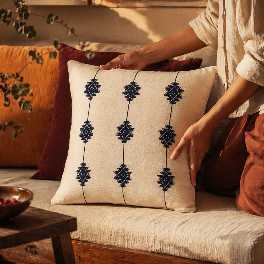 Naga Indigo Bloom Backstrap-Loom Floral Cushion Cover, The Living Room. Handmade in India by House of Taraasha.