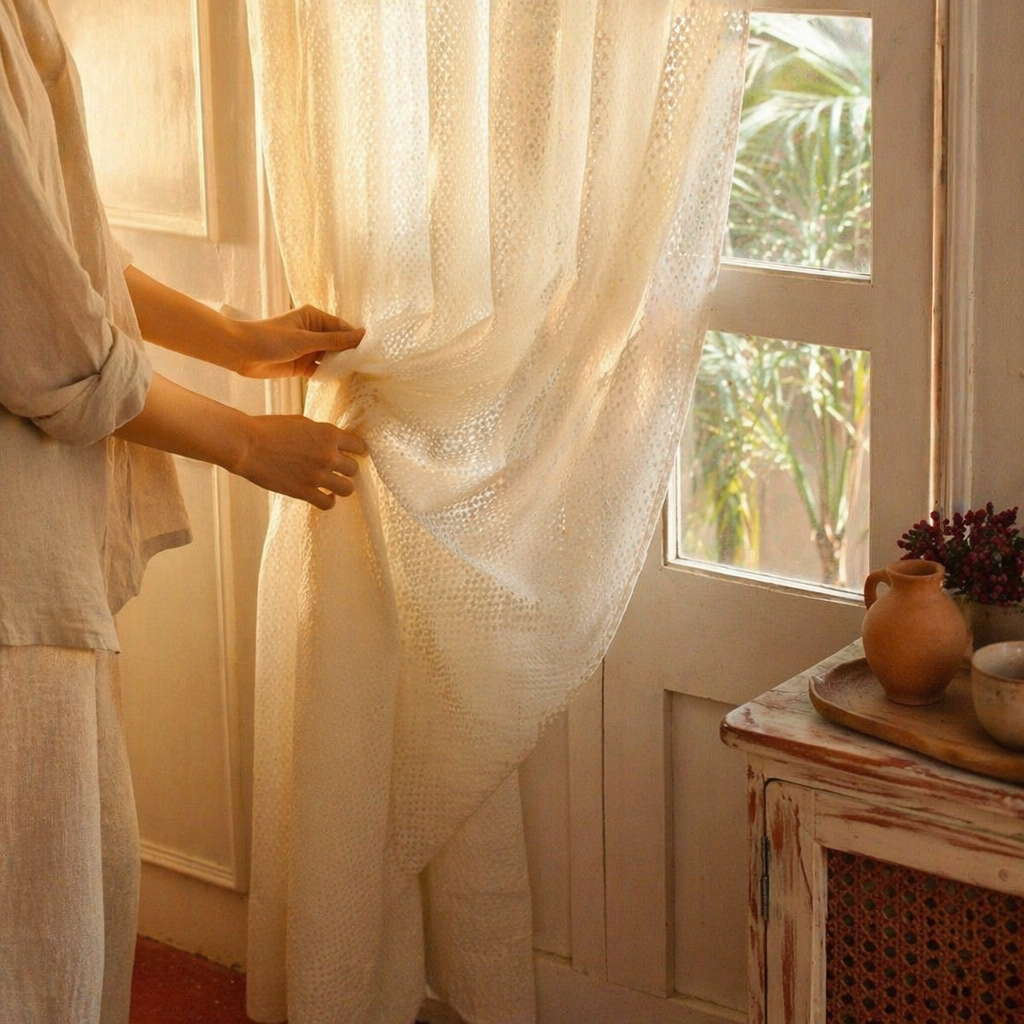 Chanderi Dot Handwoven Missing-Weave Semi-Sheer Curtain, The Draped Window. Handmade in India by House of Taraasha.
