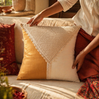 Crochet-Flap Mustard and Off-White Square Cushion Cover, The Living Room. Handmade in India by House of Taraasha.