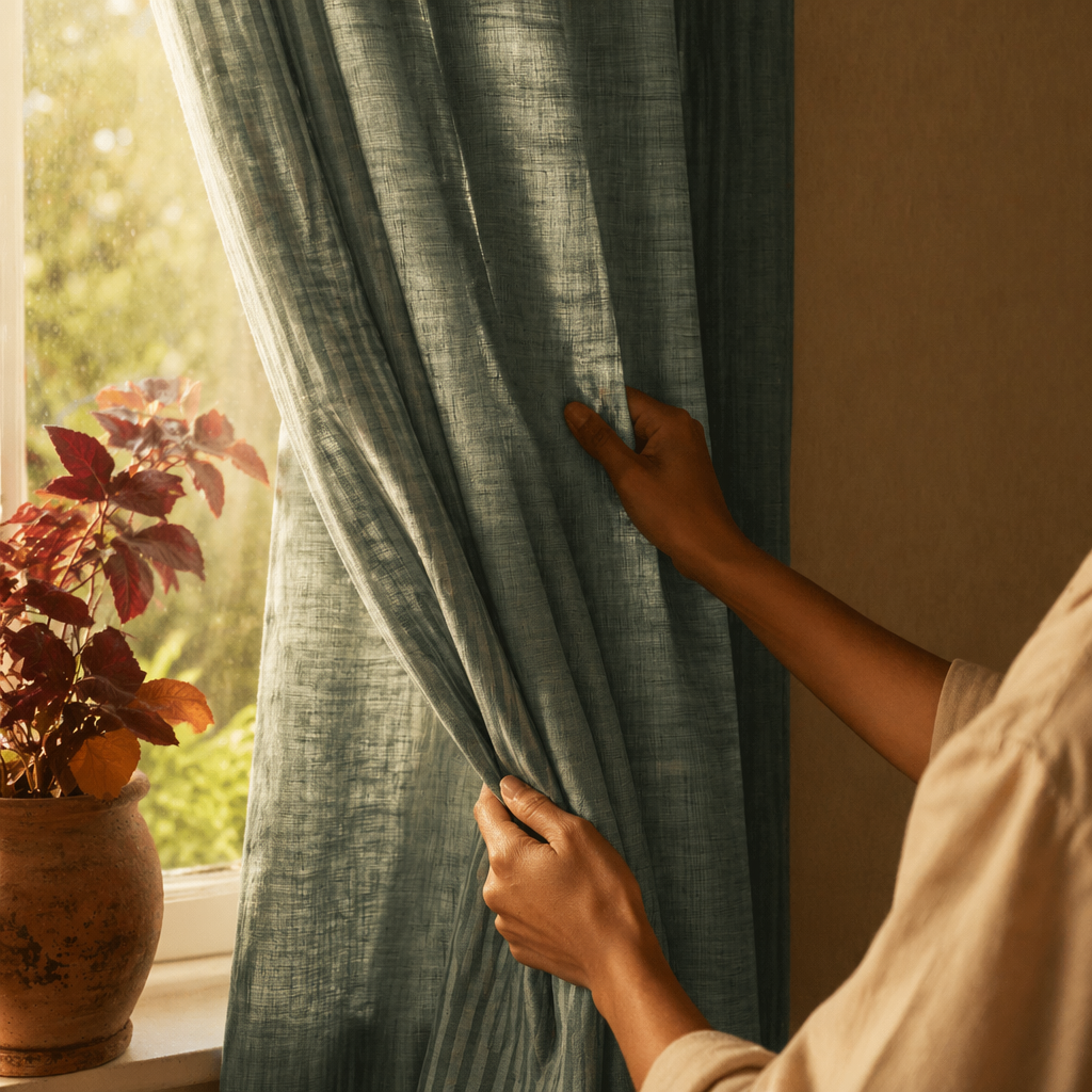 Royal Courtyards Handwoven Green Striped Door Curtain, The Draped Window. Handmade in India by House of Taraasha.