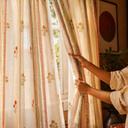 Handwoven & Block-Printed Set Ivory, Rust, Mustard and Teal, The Draped Window. Handmade in India by House of Taraasha.