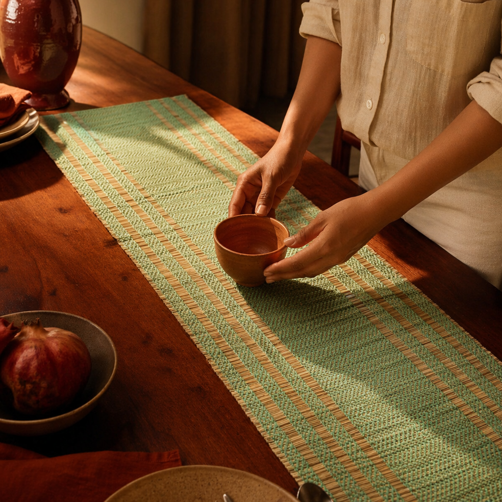 Madur Aqua Handwoven Grass Table Runner, The Gathered Table. Handmade in India by House of Taraasha.