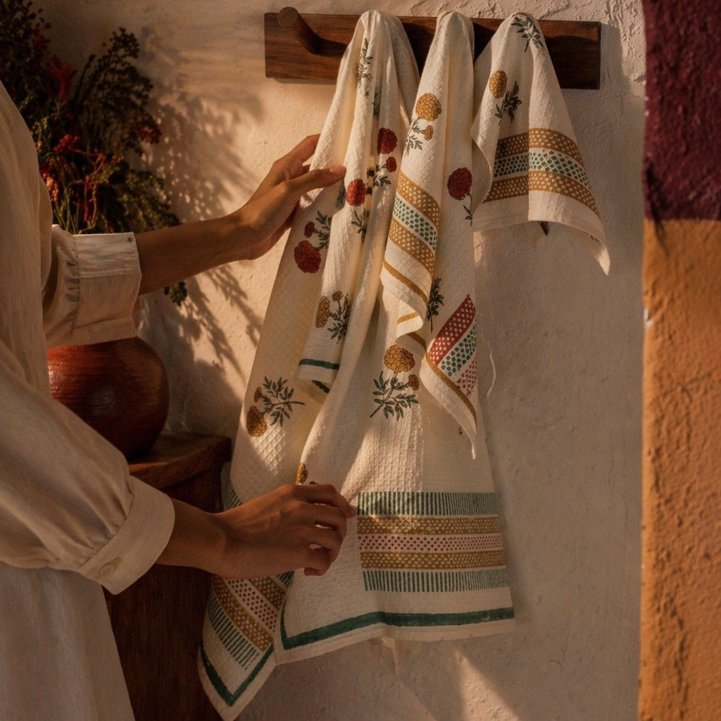 Marigold Hand Block-Printed Waffle Cotton Towel Set, The Linen Room. Handmade in India by House of Taraasha.