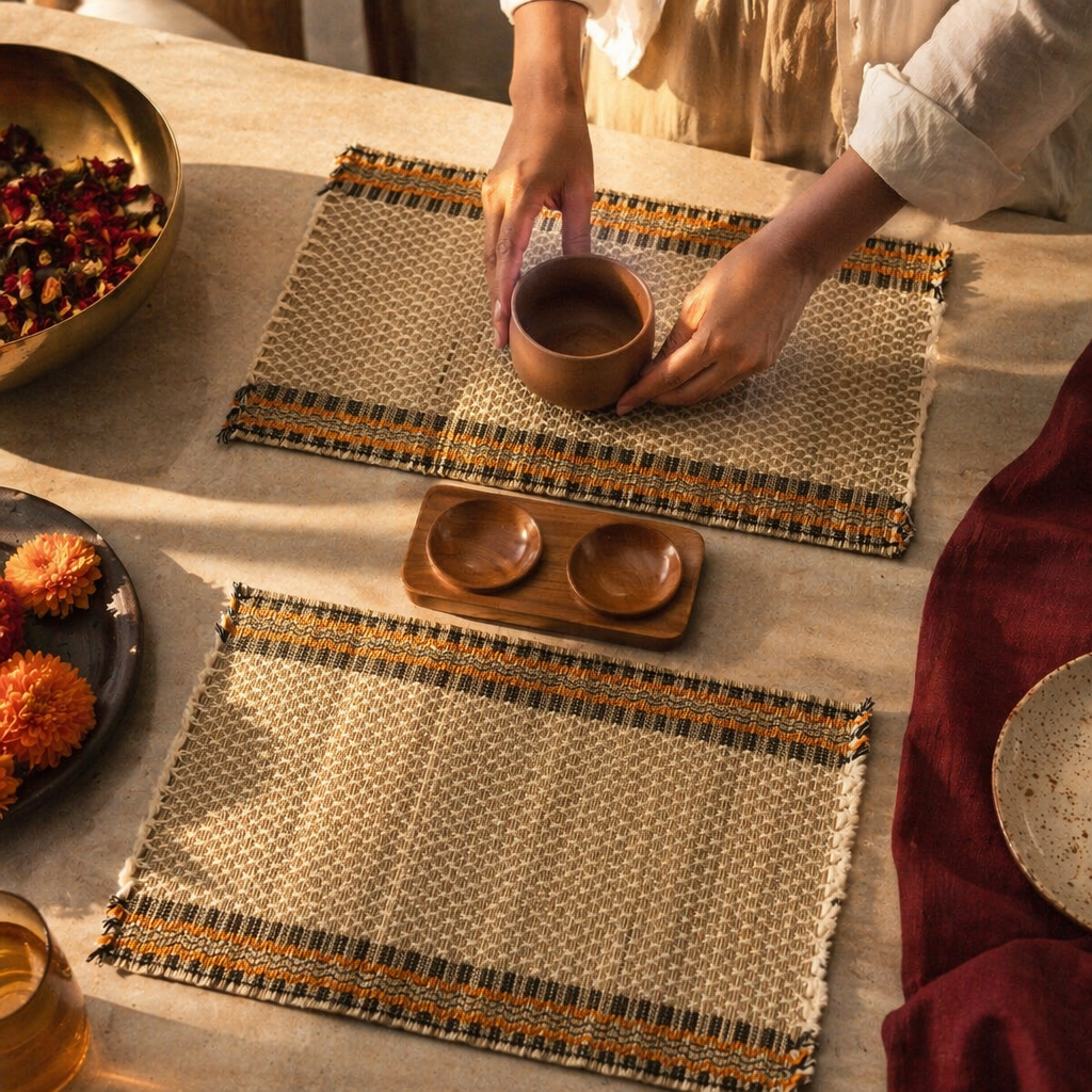 Madur Beige Handwoven Grass Table Mats, The Gathered Table. Handmade in India by House of Taraasha.
