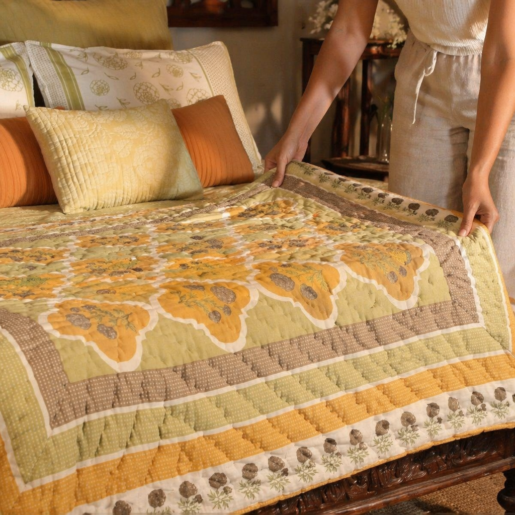Sage & Mustard Mulmul Quilt, Marigold Motif, The Linen Room. Handmade in India by House of Taraasha.