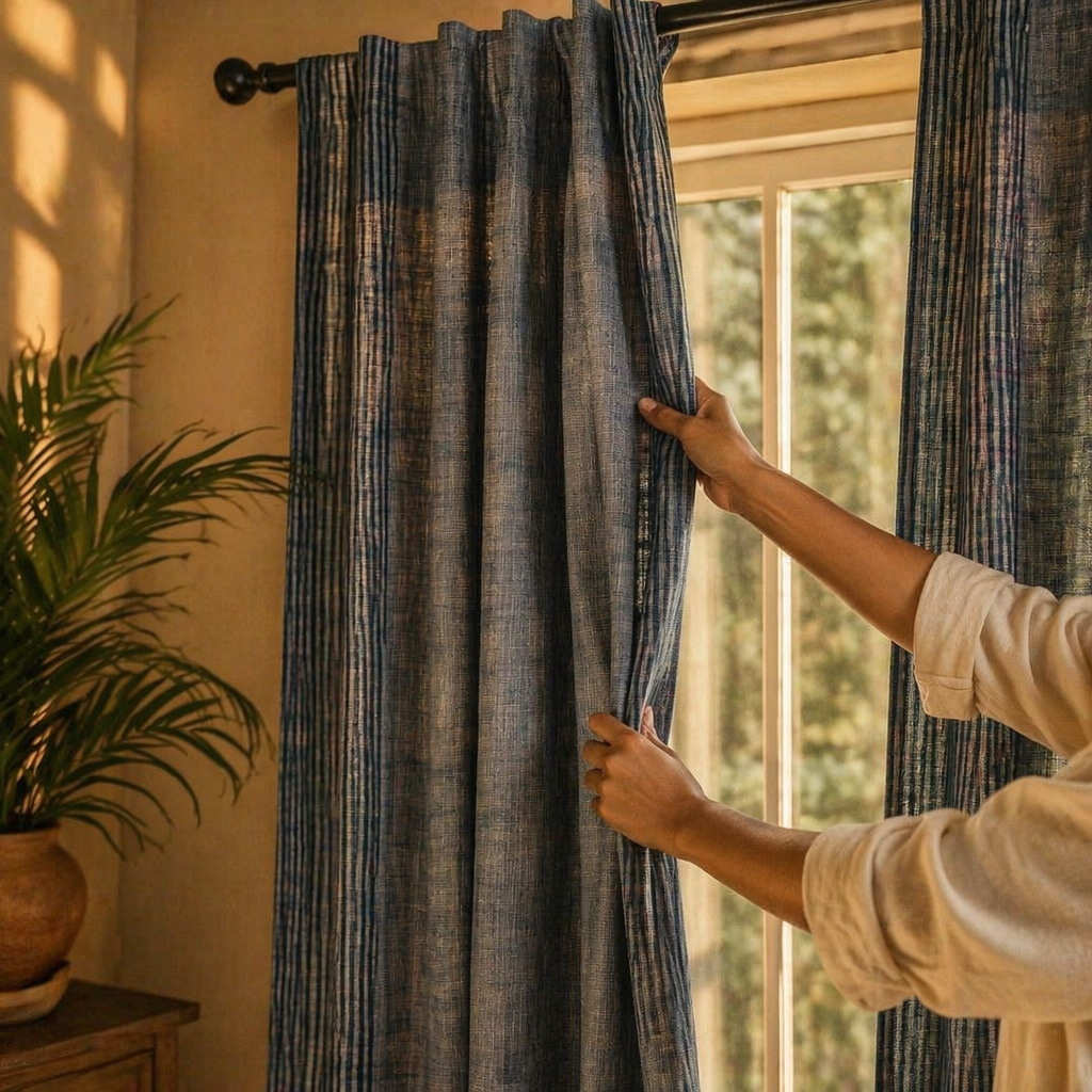 Handwoven Blue Striped Border Cotton Door Curtain, The Draped Window. Handmade in India by House of Taraasha.