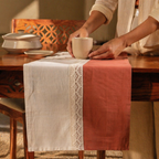 Crochet-Edged Runner Rust and Off-White, The Gathered Table. Handmade in India by House of Taraasha.