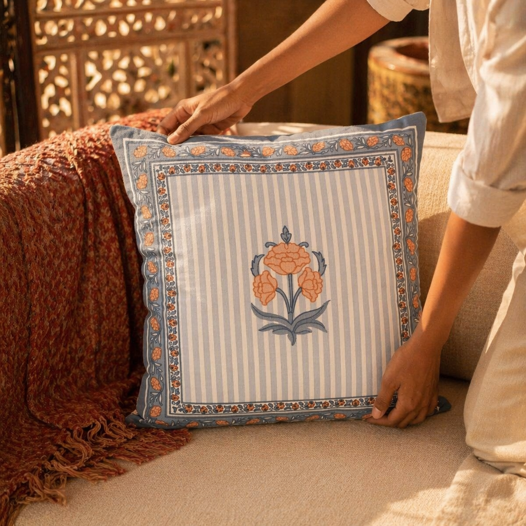 Blue and Dusty Pink Royal Courtyards Floral Cushion Cover, The Living Room. Handmade in India by House of Taraasha.