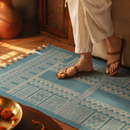 Mandana Teal Hand-Printed Tribal Pattern Cotton Rug, The Woven Floor. Handmade in India by House of Taraasha.