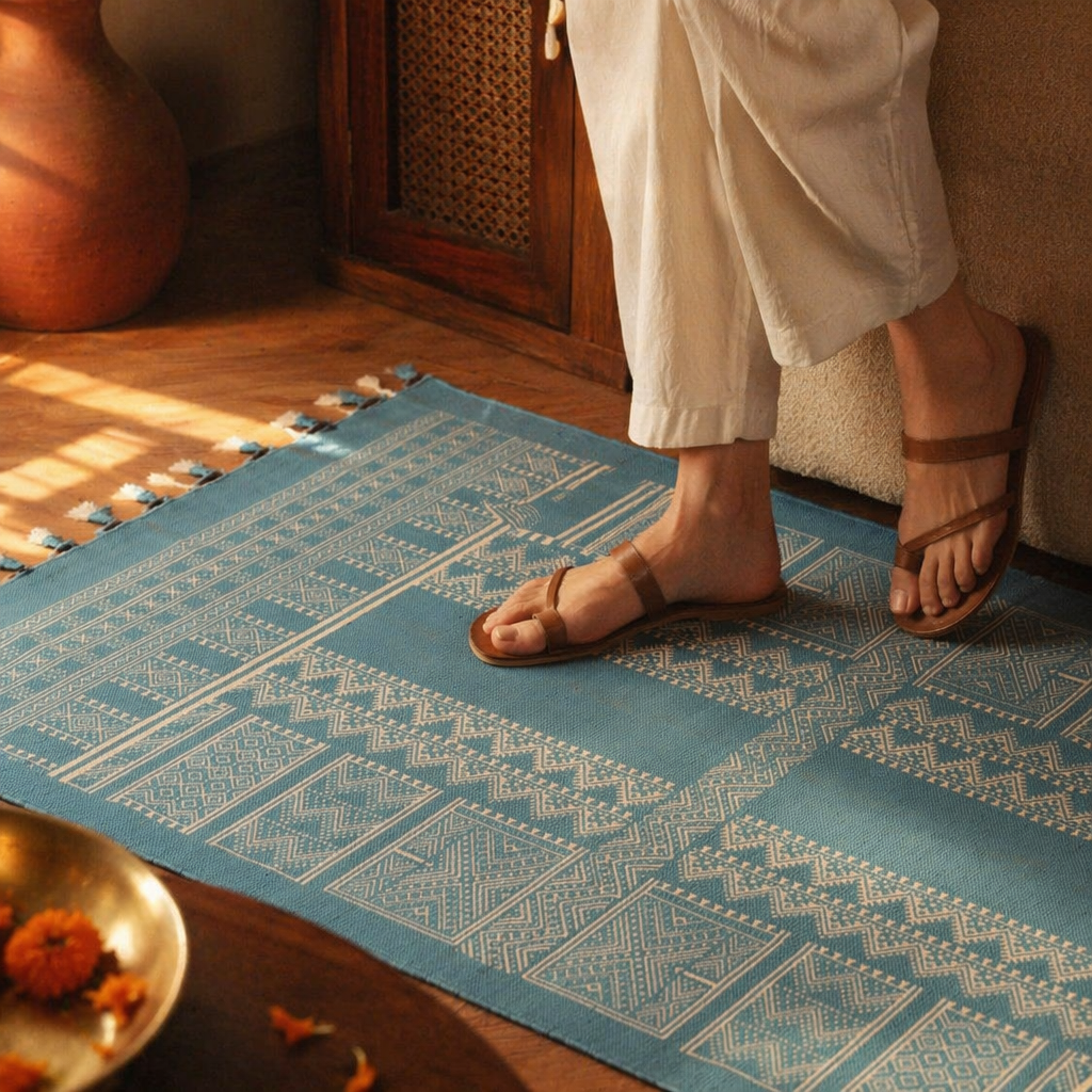 Mandana Teal Hand-Printed Tribal Pattern Cotton Rug, The Woven Floor. Handmade in India by House of Taraasha.