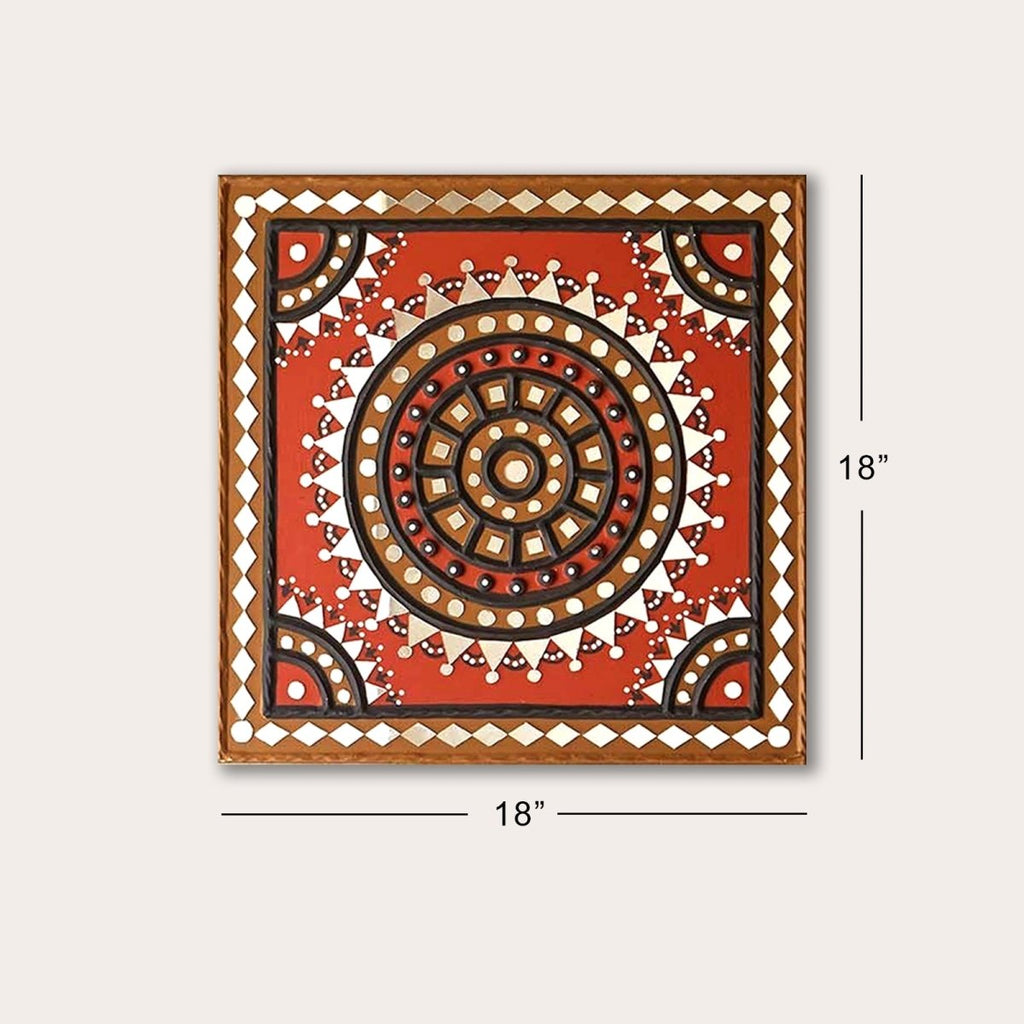 Wall Art in Mud and Mirrors | Home Decor Lippan Art in Red and Black | Handcrafted Home Decor - 12 inches X 12 inches / Clay & Mirrors on Ply / Red & Black
