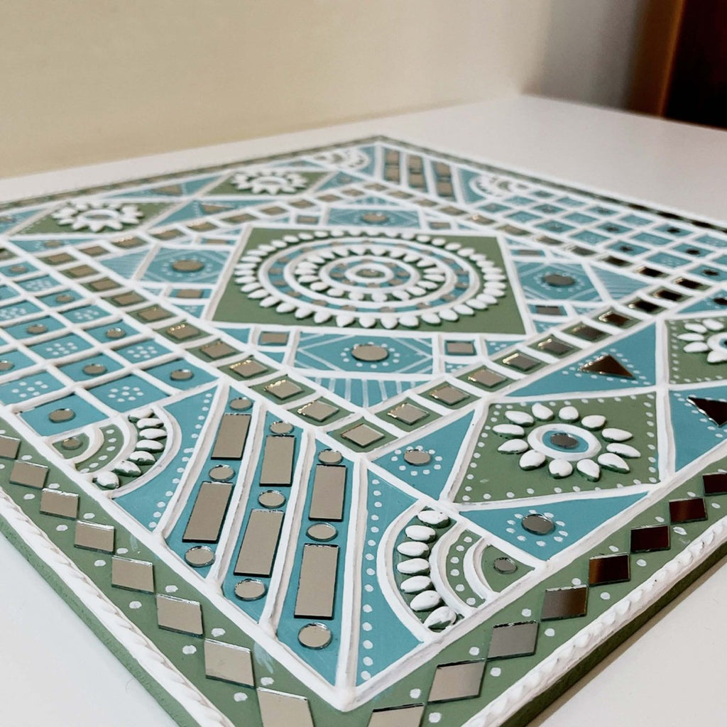 Wall Hanging made with Mud Art Ocean Blue Sparkles Handmade | Lippan Art - Light-blue, White & light-green / 18 inches X 18 inches / Clay & Mirrors on Ply
