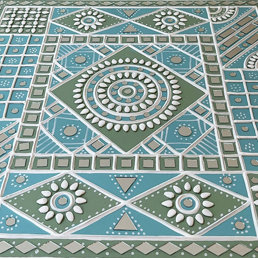 Wall Hanging made with Mud Art Ocean Blue Sparkles Handmade | Lippan Art - Light-blue, White & light-green / 18 inches X 18 inches / Clay & Mirrors on Ply